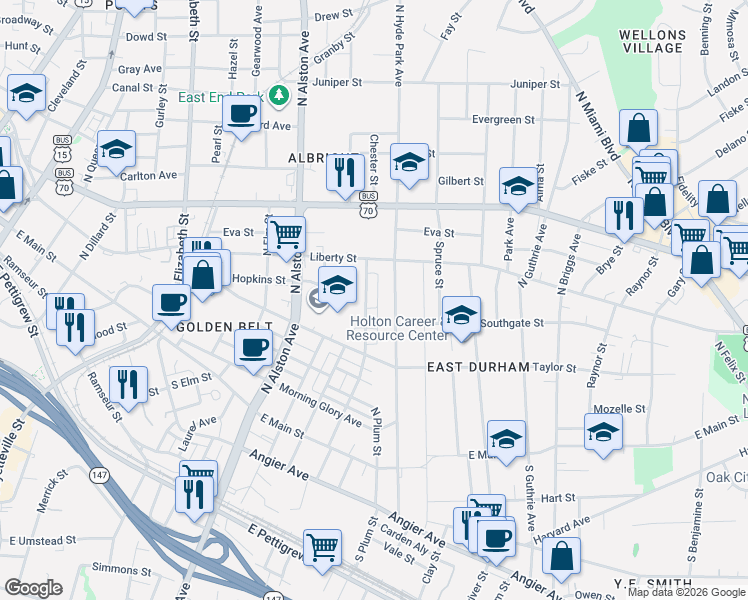 map of restaurants, bars, coffee shops, grocery stores, and more near 601 Eastway Avenue in Durham
