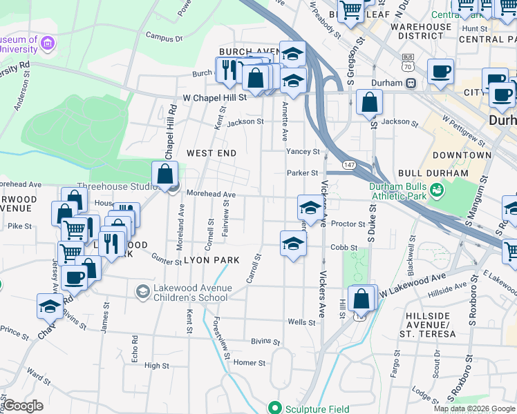 map of restaurants, bars, coffee shops, grocery stores, and more near 1009 Rock Street in Durham