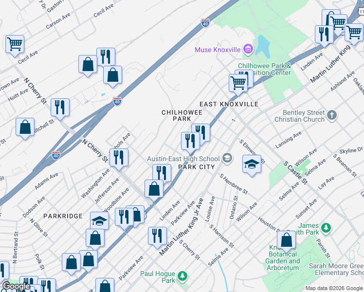 map of restaurants, bars, coffee shops, grocery stores, and more near 2801 East 5th Avenue in Knoxville