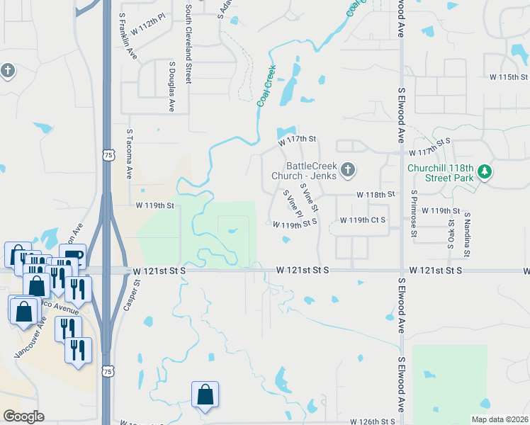 map of restaurants, bars, coffee shops, grocery stores, and more near 11805 South Willow Street in Jenks
