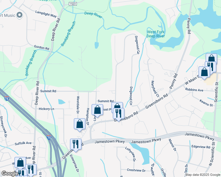 map of restaurants, bars, coffee shops, grocery stores, and more near 323 Dogwood Circle in High Point