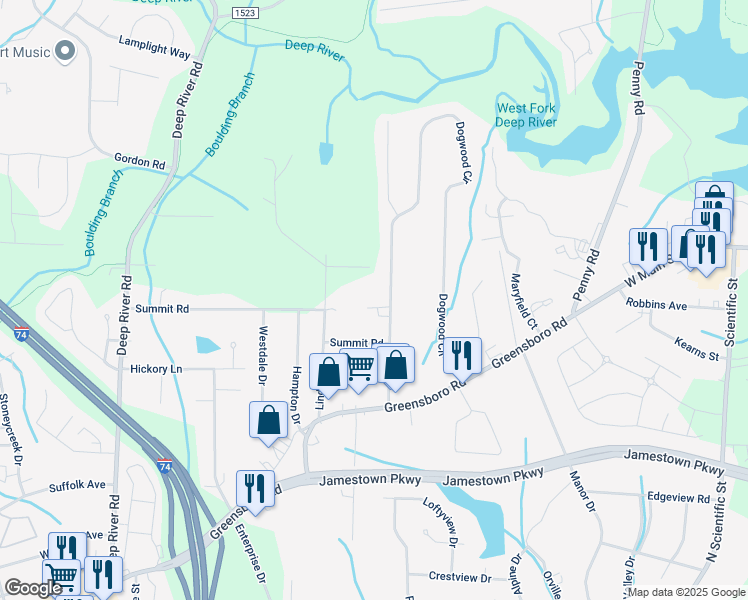 map of restaurants, bars, coffee shops, grocery stores, and more near 323 Dogwood Circle in High Point