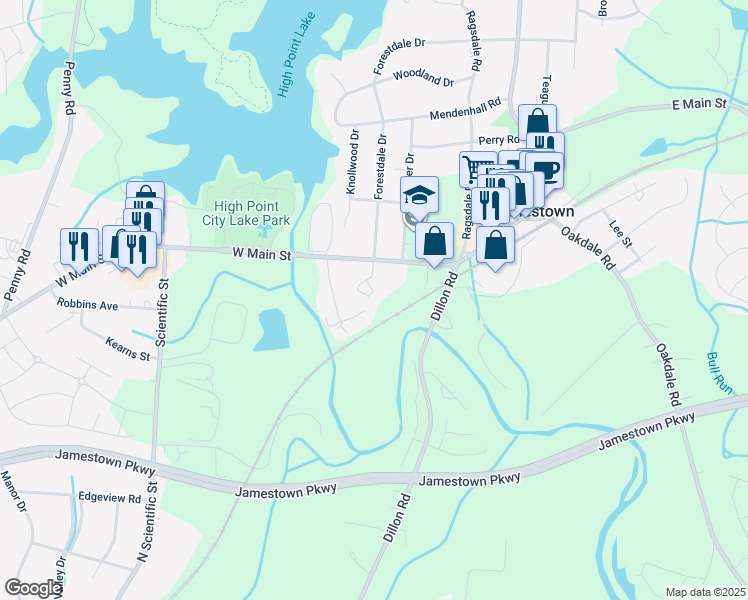 map of restaurants, bars, coffee shops, grocery stores, and more near 200 Lennox Drive in Jamestown