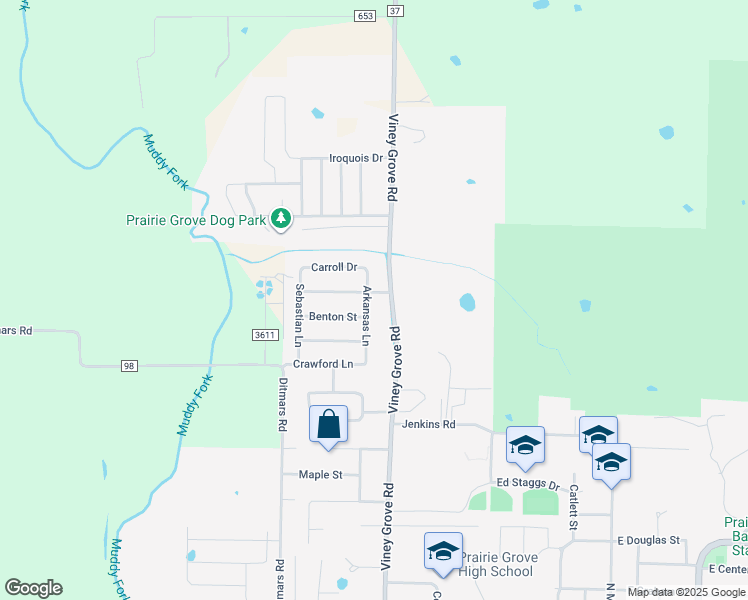 map of restaurants, bars, coffee shops, grocery stores, and more near 1381 Arkansas Lane in Prairie Grove