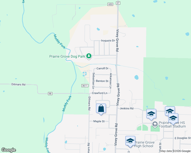 map of restaurants, bars, coffee shops, grocery stores, and more near 861 Washington Road in Prairie Grove