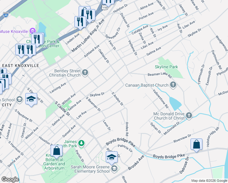 map of restaurants, bars, coffee shops, grocery stores, and more near 802 South Andes Street in Knoxville