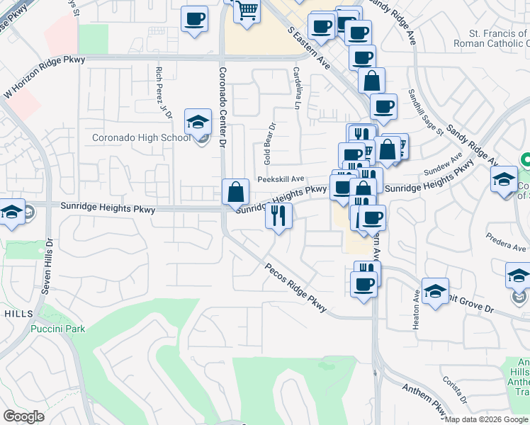 map of restaurants, bars, coffee shops, grocery stores, and more near 2739 Sunridge Heights Parkway in Henderson