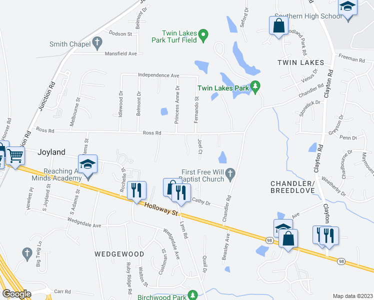 map of restaurants, bars, coffee shops, grocery stores, and more near 335 Kilarney Drive in Durham