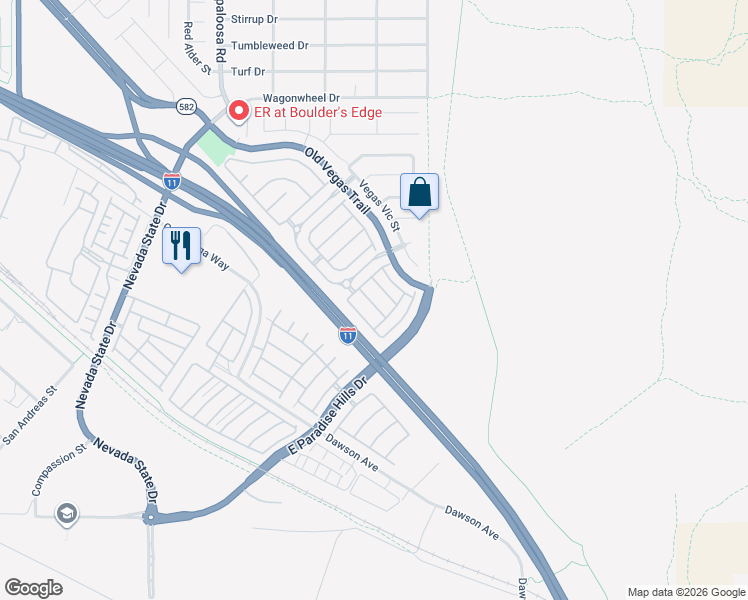 map of restaurants, bars, coffee shops, grocery stores, and more near 2577 Land Rush Drive in Henderson