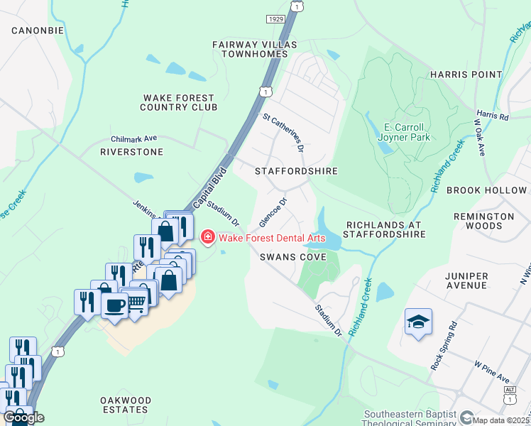 map of restaurants, bars, coffee shops, grocery stores, and more near 315 Glencoe Drive in Wake Forest