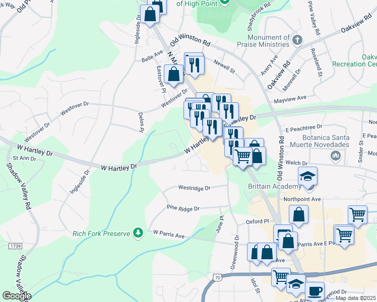 map of restaurants, bars, coffee shops, grocery stores, and more near 149 West Hartley Drive in High Point