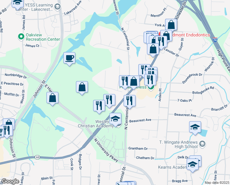 map of restaurants, bars, coffee shops, grocery stores, and more near 510 Jeanette Avenue in High Point