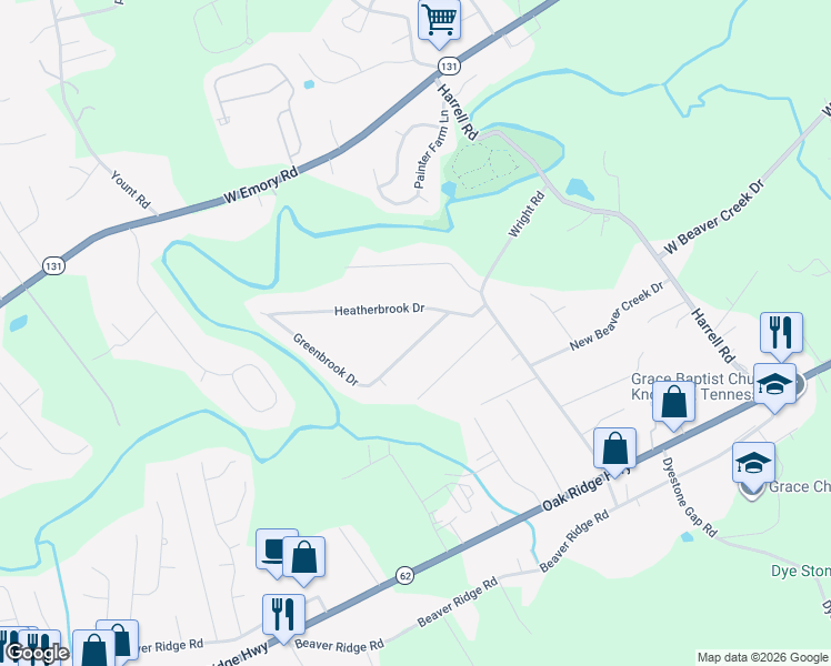 map of restaurants, bars, coffee shops, grocery stores, and more near 6721 Greenbrook Drive in Knoxville