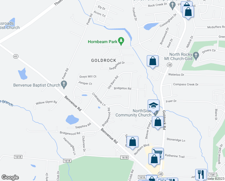 map of restaurants, bars, coffee shops, grocery stores, and more near 1401 Bridgeton Road in Rocky Mount