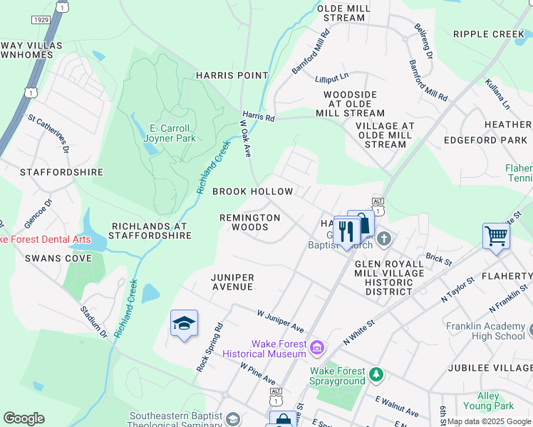 map of restaurants, bars, coffee shops, grocery stores, and more near 105 Remington Woods Drive in Wake Forest