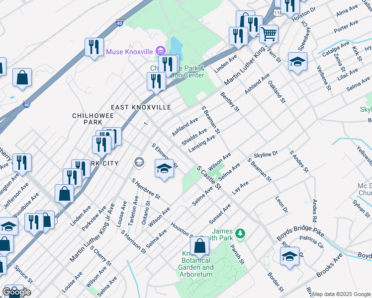 map of restaurants, bars, coffee shops, grocery stores, and more near 308 South Castle Street in Knoxville