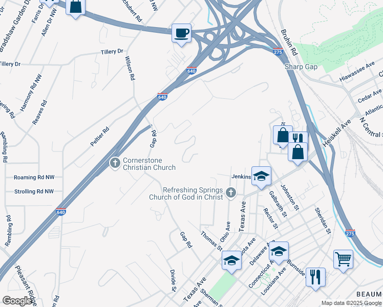 map of restaurants, bars, coffee shops, grocery stores, and more near 1456 Cassell Drive in Knoxville