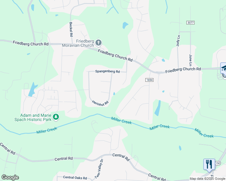 map of restaurants, bars, coffee shops, grocery stores, and more near 5930 Herinhut Road in Winston-Salem