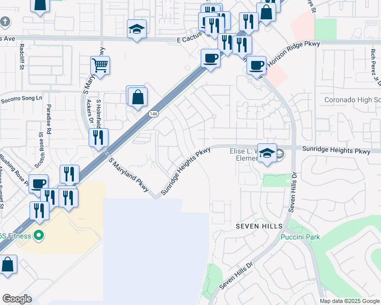 map of restaurants, bars, coffee shops, grocery stores, and more near Alper Center Drive in Henderson