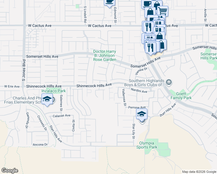 map of restaurants, bars, coffee shops, grocery stores, and more near 5300 Donora Avenue in Las Vegas