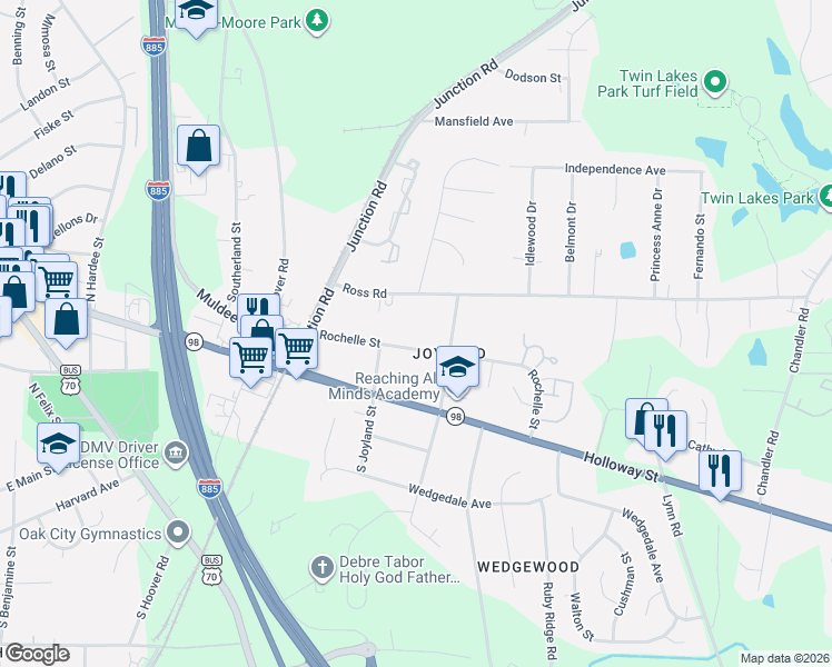 map of restaurants, bars, coffee shops, grocery stores, and more near 2609 Rochelle Street in Durham