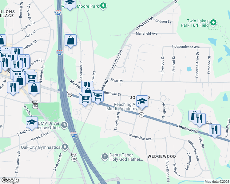 map of restaurants, bars, coffee shops, grocery stores, and more near 2530 Rochelle Street in Durham