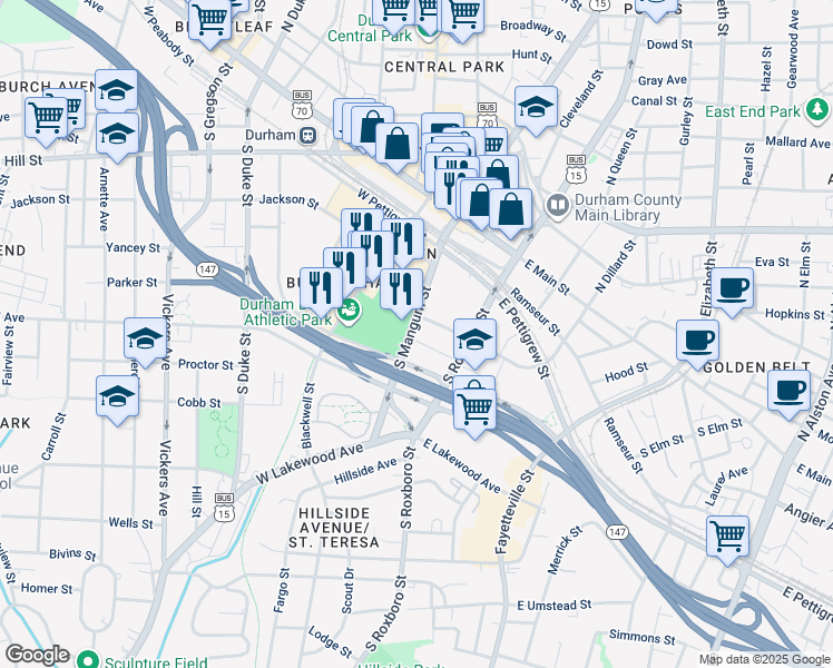 map of restaurants, bars, coffee shops, grocery stores, and more near 512 South Mangum Street in Durham