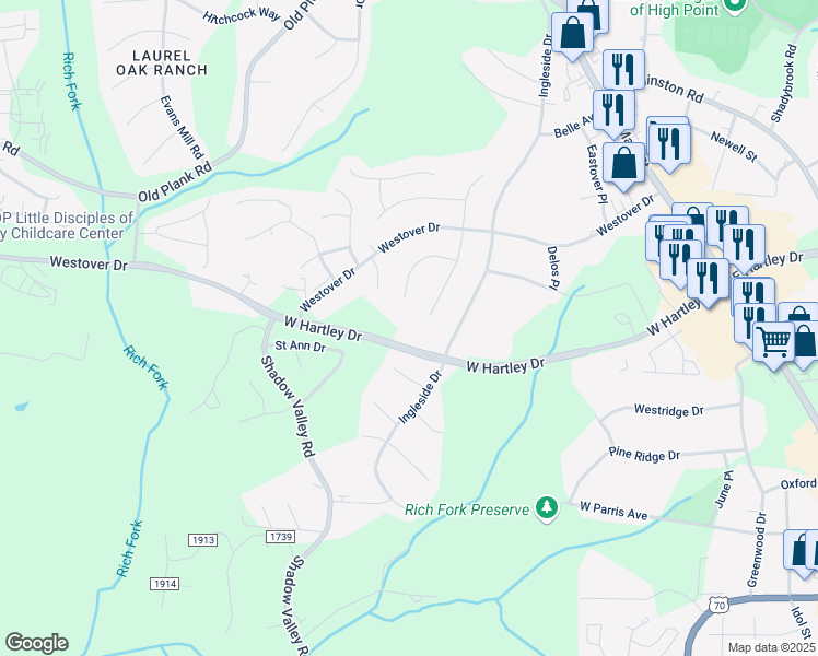 map of restaurants, bars, coffee shops, grocery stores, and more near 796 Avalon Springs Court in High Point