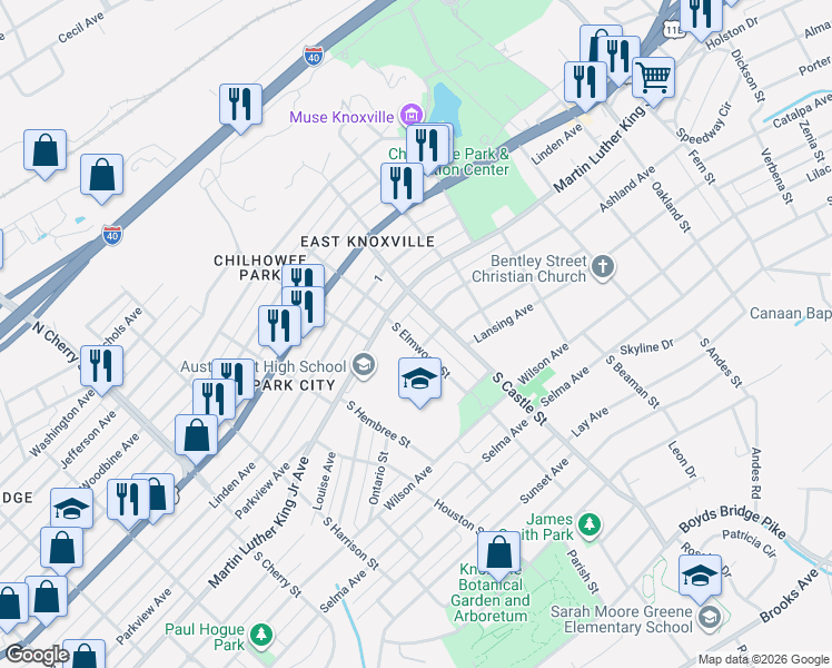 map of restaurants, bars, coffee shops, grocery stores, and more near 121 South Elmwood Street in Knoxville