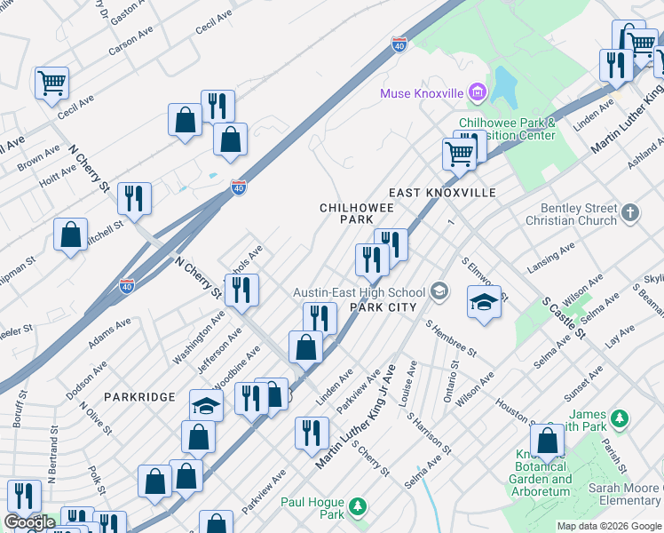 map of restaurants, bars, coffee shops, grocery stores, and more near 2801 East 5th Avenue in Knoxville