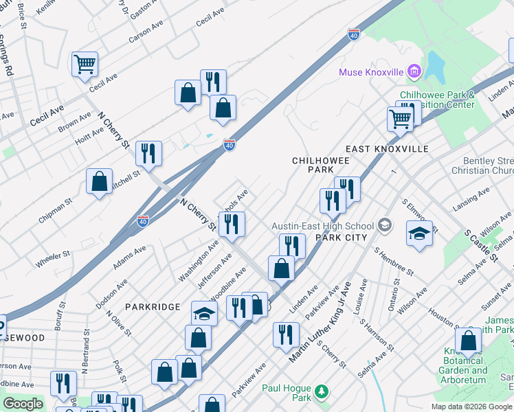 map of restaurants, bars, coffee shops, grocery stores, and more near 2705 Jefferson Avenue in Knoxville