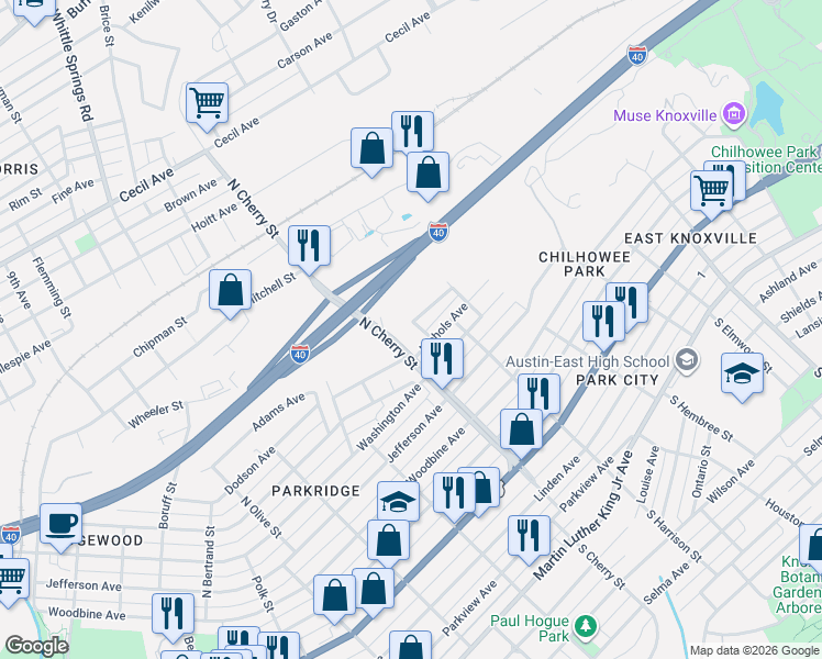 map of restaurants, bars, coffee shops, grocery stores, and more near 914 North Cherry Street in Knoxville