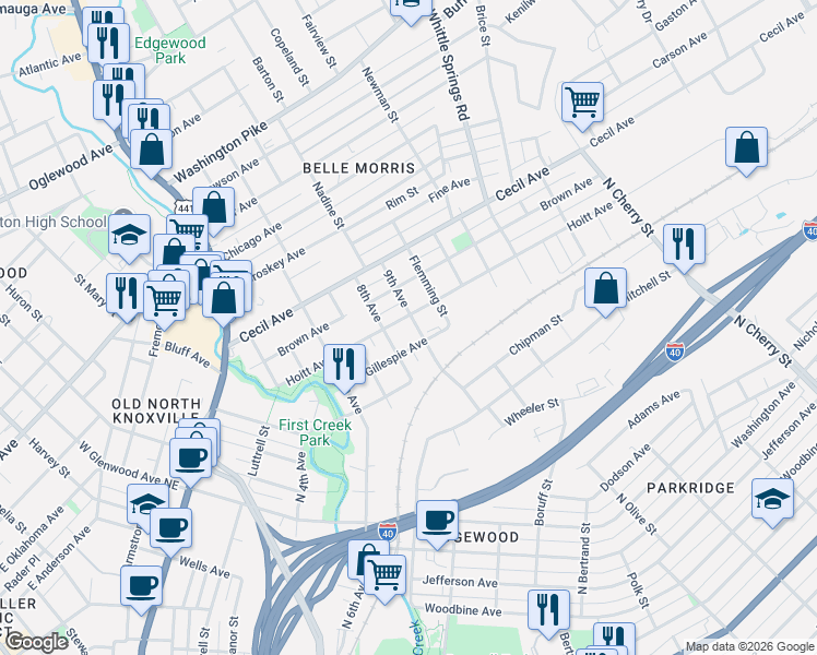 map of restaurants, bars, coffee shops, grocery stores, and more near 1817 Gillespie Avenue in Knoxville