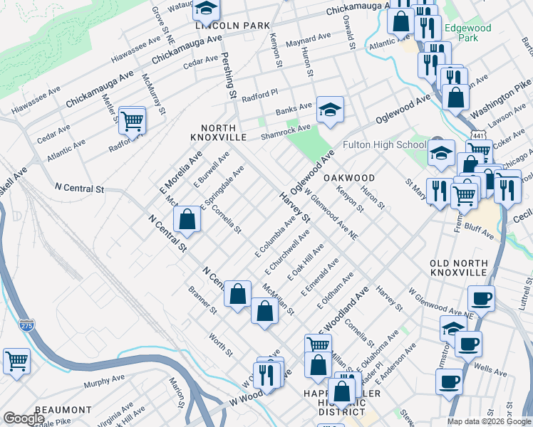 map of restaurants, bars, coffee shops, grocery stores, and more near 402 Oglewood Avenue in Knoxville