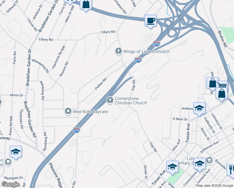map of restaurants, bars, coffee shops, grocery stores, and more near 4003 Gap Road in Knoxville