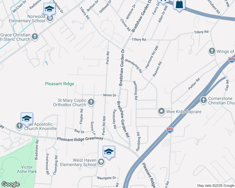 map of restaurants, bars, coffee shops, grocery stores, and more near 1801 Bradshaw Garden Road in Knoxville