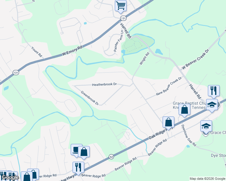 map of restaurants, bars, coffee shops, grocery stores, and more near 6721 Greenbrook Drive in Knoxville