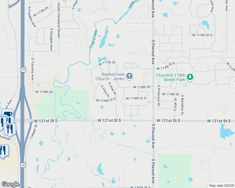 map of restaurants, bars, coffee shops, grocery stores, and more near 11813 South Vine Street in Jenks
