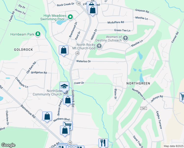 map of restaurants, bars, coffee shops, grocery stores, and more near 1117 Compass Creek Drive in Rocky Mount