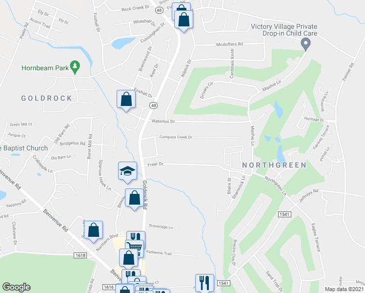 map of restaurants, bars, coffee shops, grocery stores, and more near 1117 Compass Creek Drive in Rocky Mount