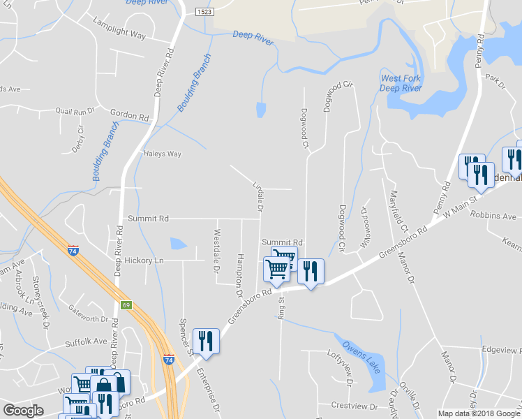 map of restaurants, bars, coffee shops, grocery stores, and more near 499 Lindale Drive in High Point