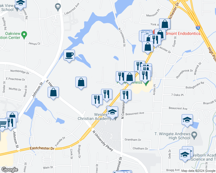 map of restaurants, bars, coffee shops, grocery stores, and more near 506 Jeanette Avenue in High Point