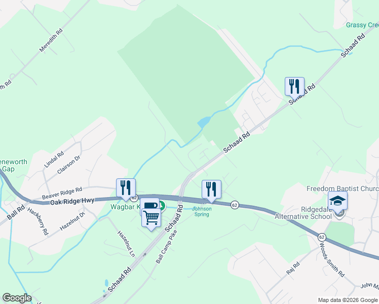 map of restaurants, bars, coffee shops, grocery stores, and more near 6714 Albatross Lane in Karns