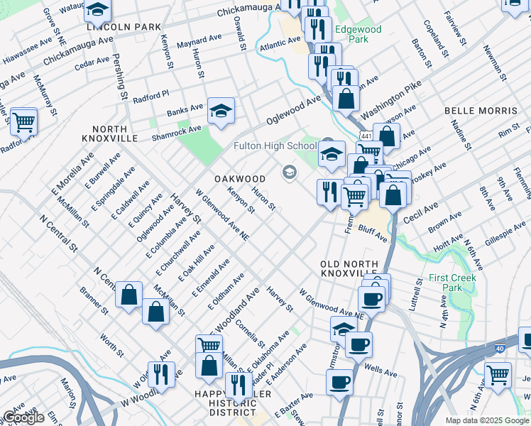 map of restaurants, bars, coffee shops, grocery stores, and more near 809 East Emerald Avenue in Knoxville