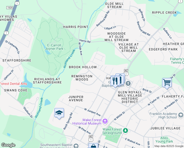 map of restaurants, bars, coffee shops, grocery stores, and more near 345 West Oak Avenue in Wake Forest