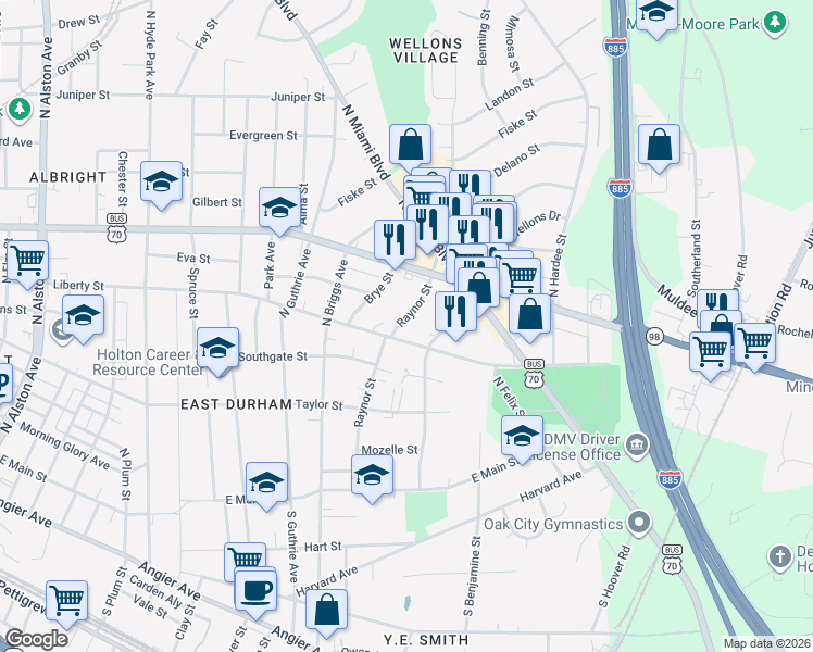 map of restaurants, bars, coffee shops, grocery stores, and more near 1807 Liberty Street in Durham