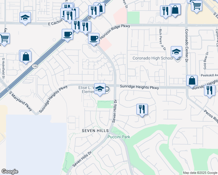 map of restaurants, bars, coffee shops, grocery stores, and more near 1001 Seven Hills Drive in Henderson