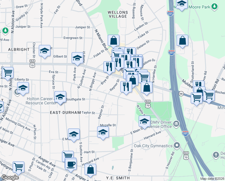 map of restaurants, bars, coffee shops, grocery stores, and more near 1807 Liberty Street in Durham