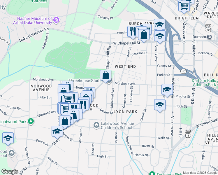 map of restaurants, bars, coffee shops, grocery stores, and more near 1012 Moreland Avenue in Durham
