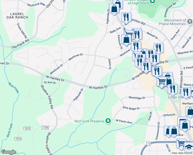 map of restaurants, bars, coffee shops, grocery stores, and more near 2640 Ingleside Drive in High Point